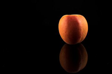 Apricot isolated on reflective black background, copy space