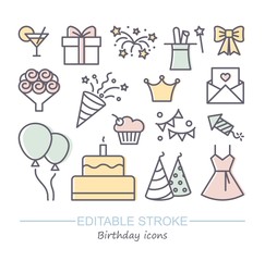 Fototapeta premium Happy Birthday Party line icon. Vector illustration with editable stroke