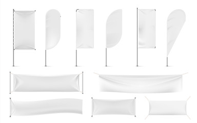 Textile banners and flags. Outdoor exhibition promotion mockup, white beach feathers and blank advertising. Vector modern fabric cotton cloth banner