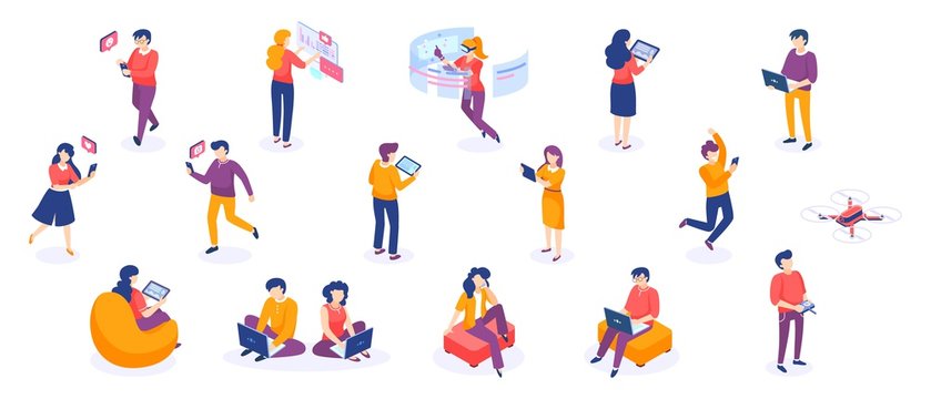 Isometric people and gadgets. Young men and women characters with smartphones and gadgets. Vector modern freelance business people on white background