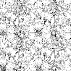 Hand-drawn floral seamless pattern. Modern template. Black and white