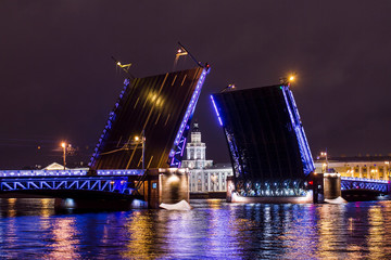 Fototapeta na wymiar St. Petersburg, Russia - May 30, 2019. Divorced Palace Bridge at night in the city of St. Petersburg.