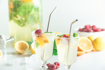 fresh cold homemade lemonade with metal straw