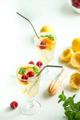 fresh cold homemade lemonade with metal straw