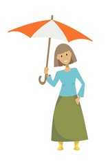 girl in a long skirt with an umbrella in her hand on a white background