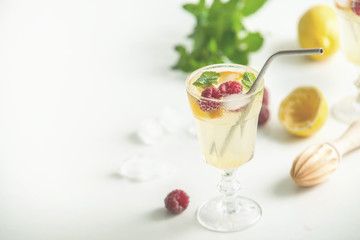 fresh cold homemade lemonade with metal straw
