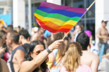 The annual parade LGBT. Gay and lesbians walking in the Gay Pride parade. Parade of tolerance. Rainbow flags at Gay pride parade. 14 June 2019. Tel Aviv. Israel.