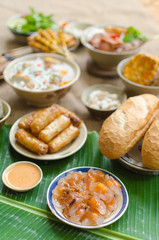 Vietnamese food background with spring roll, banh mi, banh canh, steamed fish ball, shrimp dumpling. Typical cuisine of south central of Vietnam like Binh Thuan, Ninh Thuan, Nha Trang province