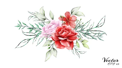 Samtvorhänge Pfingstrosen Blumenarrangement auf weißem Hintergrund isoliert. Aquarell Einladung Designkonzept mit Rosen, Hibiskusblüten und wilden Blättern. Blumenkranz für Hochzeits- oder Grußkartenkomposition