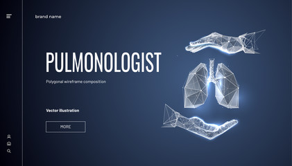 Lungs in hand.Polygonal wireframe composition. Concept for pulmonologist. Abstract isolated on dark blue background. Particles are connected in a geometric silhouette