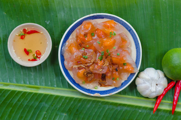 Banh Quai Vac Phan Thiet. This is a common rice cake with shrimp and pork meat inside which eating sweet and sour fish sauce