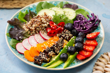 Colorful and healthy Buddha bowl full of superfood on blue background