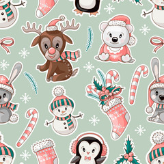 Seamless pattern with cute baby animals on Christmas wear. Vector.