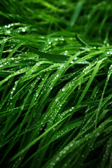 A macro shot of green grass covered with dew drops in the spring. Green meadow with fresh wet grass.