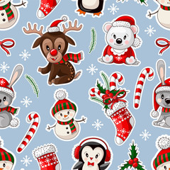 Seamless pattern with cute baby animals on Christmas wear. Vector.