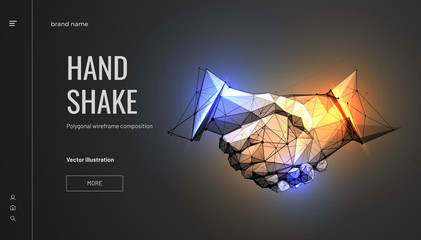Handshake. Abstract illustration isolated on black background. Polygonal wireframe composition. Gesture hands. Development symbol. Plexus lines and points in silhouette.