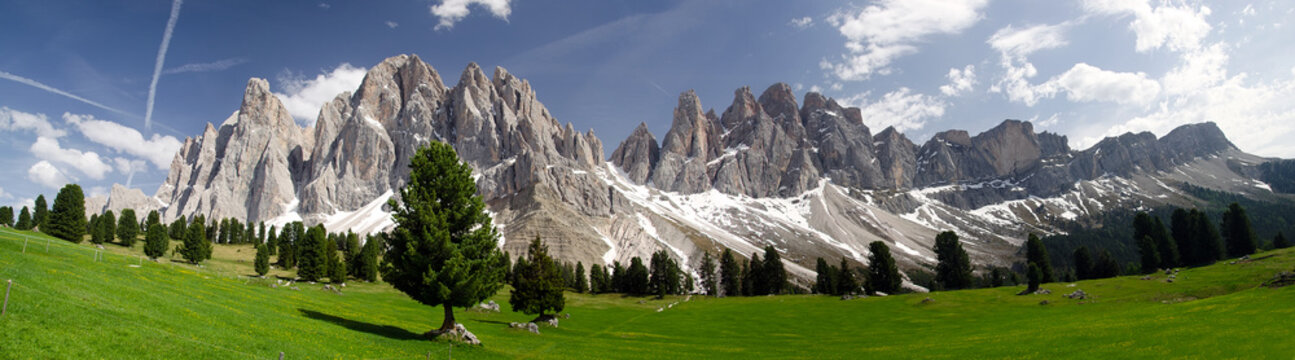 Landscape with mountains. Panoramaview of Sass Rigais and Furchetta from the Val di Funes (Villn&ouml;sstal).