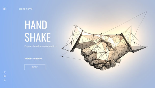 Handshake. Abstract illustration isolated on light background. Polygonal wireframe composition. Gesture hands. Development symbol. Plexus lines and points in silhouette.