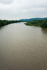 A swift mountain river, shore of pebbles. Flows through the coniferous forest