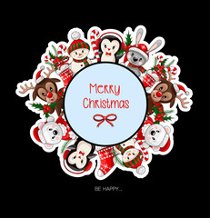 Postcard with cute baby animals on Christmas wear. Vector
