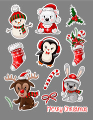 Stickers cute baby animals on Christmas wear. Vector.
