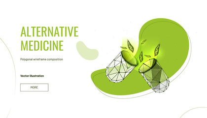 Medication or pill or capsule. Low poly wireframe style. Technology and innovation in pharmacology. Banner concept. Particles are connected in a geometric silhouette.