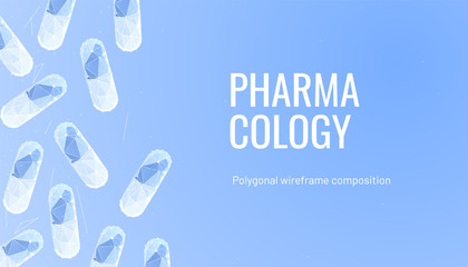 Medication or pill or capsule. Low poly wireframe style. Background for pharmacology. Abstract illustration isolated on blue background. Particles are connected in a geometric silhouette
