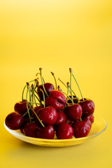Freshly picked cherries in a glass bowl. Bright yellow background, water drops, high resolution