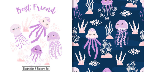 cute baby jellyfish animal card seamless pattern set
