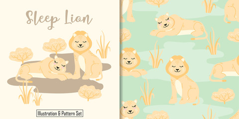cute lion sleep animal card seamless pattern set