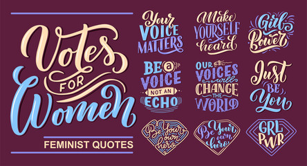 Set of lettering quotes about woman voice and girl power. Calligraphy inspiration graphic design typography element. Hand written postcard. Cute simple vector sign hand drawn style. Textile print