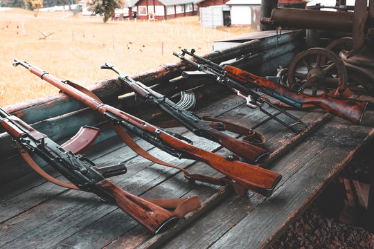 military training. the weapon is at the ready. machine guns, rifles, and machine guns. all different eras.