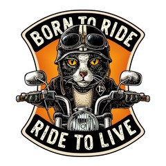 Cat driving a motorcycle rides. Vector vintage engraving © MoreVector