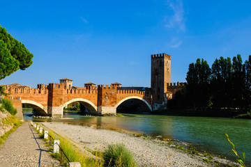 Verona, Italy: Beautiful panoramic view of the Adige river and bridge Ponte Scaligero.