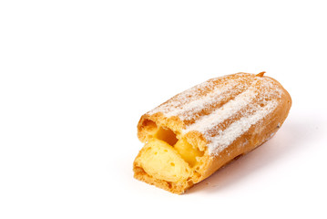 Eclairs isolated on white background. Delicious french dessert. Sweet dessert.