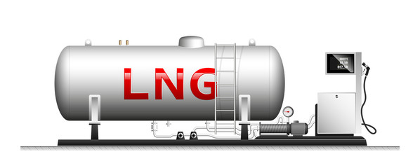 Automotive modular filling with liquefied gas. Large cylindrical cylinder with natural gas. Column with a hose for refueling cars.