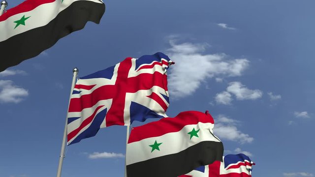 Flags of Syria and the United Kingdom against blue sky, loopable 3D animation