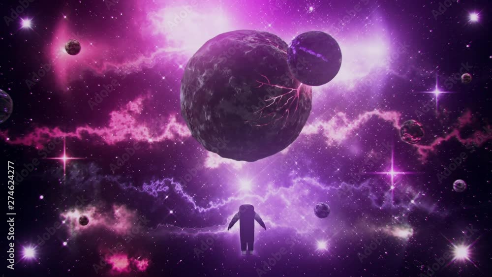 Wall mural purple sci-fi space planets with nebula & astronaut loop background