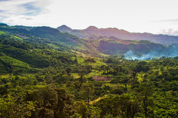 Landscape view on green nature and mountains in Chiapas, Mexico, Yucatan peninsula, near to San Cristobal de las Casas