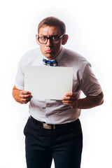 man holds the white sign in a studio white background copy space