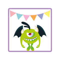 square frame with monster flying and party garlands