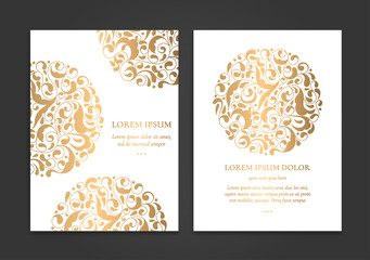 Gold and white vintage greeting card design. Luxury vector ornament template. Great for invitation, flyer, menu, brochure, postcard, background, wallpaper, decoration, packaging or any desired idea.