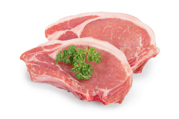 sliced raw pork meat with parsley isolated on white background