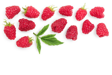 raspberries with leaves isolated on white background with copy space for your text. Top view. Flat lay pattern