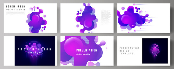 The minimalistic abstract vector illustration of the editable layout of the presentation slides design business templates. Black background with fluid gradient, liquid blue colored geometric element.