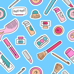 Seamless background cosmetics. Makeup cosmetics tools and beauty cosmetics. Seamless background. Freehand drawing