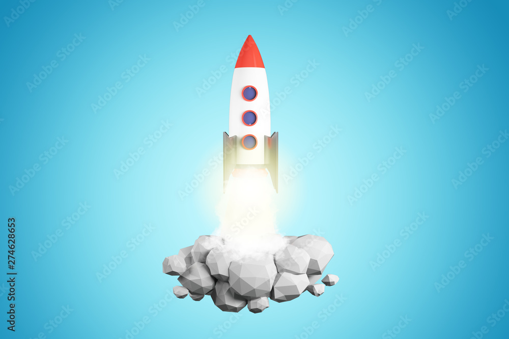 Poster launching rocket on blue background