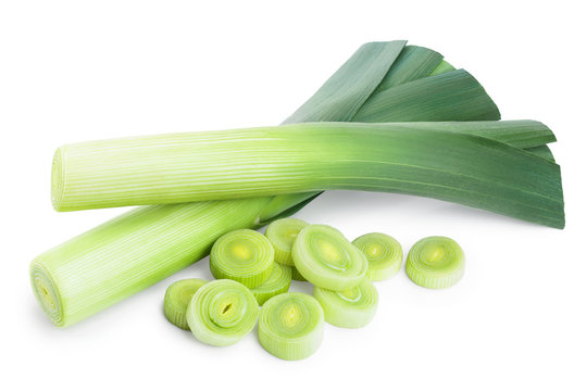 Leek vegetable with slices isolated on white background