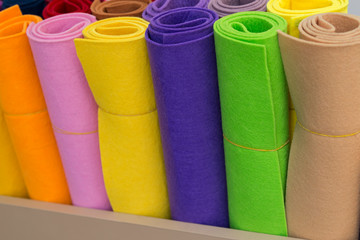 colorful felts in the box in the store for hobbies and hand made art collection.