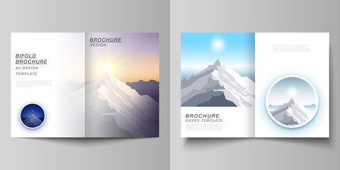 Vector layout of two A4 format modern cover mockups design templates for bifold brochure, magazine, flyer. Mountain illustration, outdoor adventure. Travel concept background. Flat design vector.